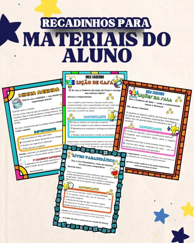 📚✨ NOVIDADE NA ÁREA! ✨📚
Chegaram os Recadinhos para Materiais dos Alunos! 💌

✅ Cuidados com a agenda
✅ Organização do caderno de lição de casa
✅ Zelo com o caderno de classe
✅ Atenção aos livros paradidáticos

São mensagens divertidas, diretas e educativas, pensadas para orientar os alunos de forma leve e ainda facilitar a rotina das famílias e professores! 🧒👩‍🏫👨‍👩‍👧

💡 Ótimos para colar nos materiais e lembrar, com carinho, que o cuidado também faz parte do aprendizado!

🎉 E o melhor? Apenas R$ 3,50!

Garanta já o seu kit de recadinhos e traga mais organização e consciência para a rotina escolar! ✨🖍️

📥 Disponível na Lojinha Aula Criativa, é só clicar no link da bio ou me chamar no direct 😉 

#EducaçãoComAmor #OrganizaçãoEscolar